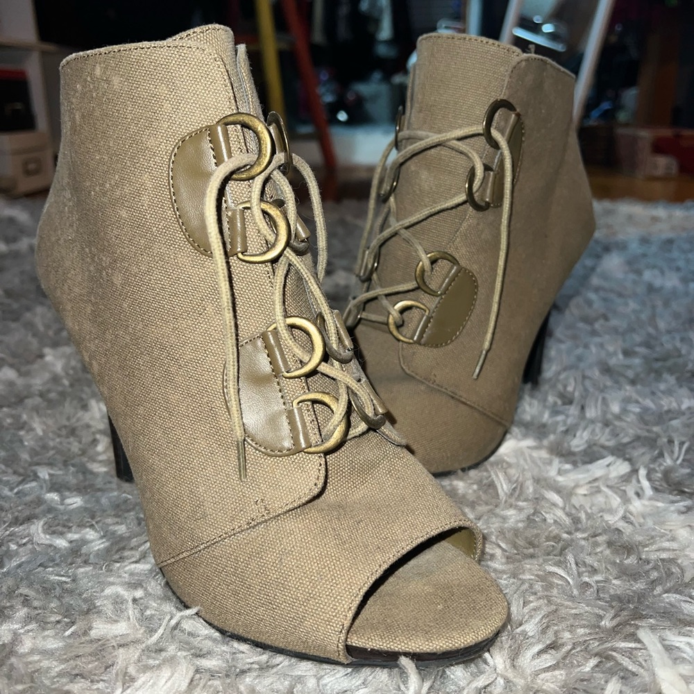 Elle Open Toe Canvas Bootie Heels